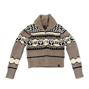 TNA Cardigan Cowichan Wool Chunky Knit Brown Cream Black Sweater Women's XXS Zip